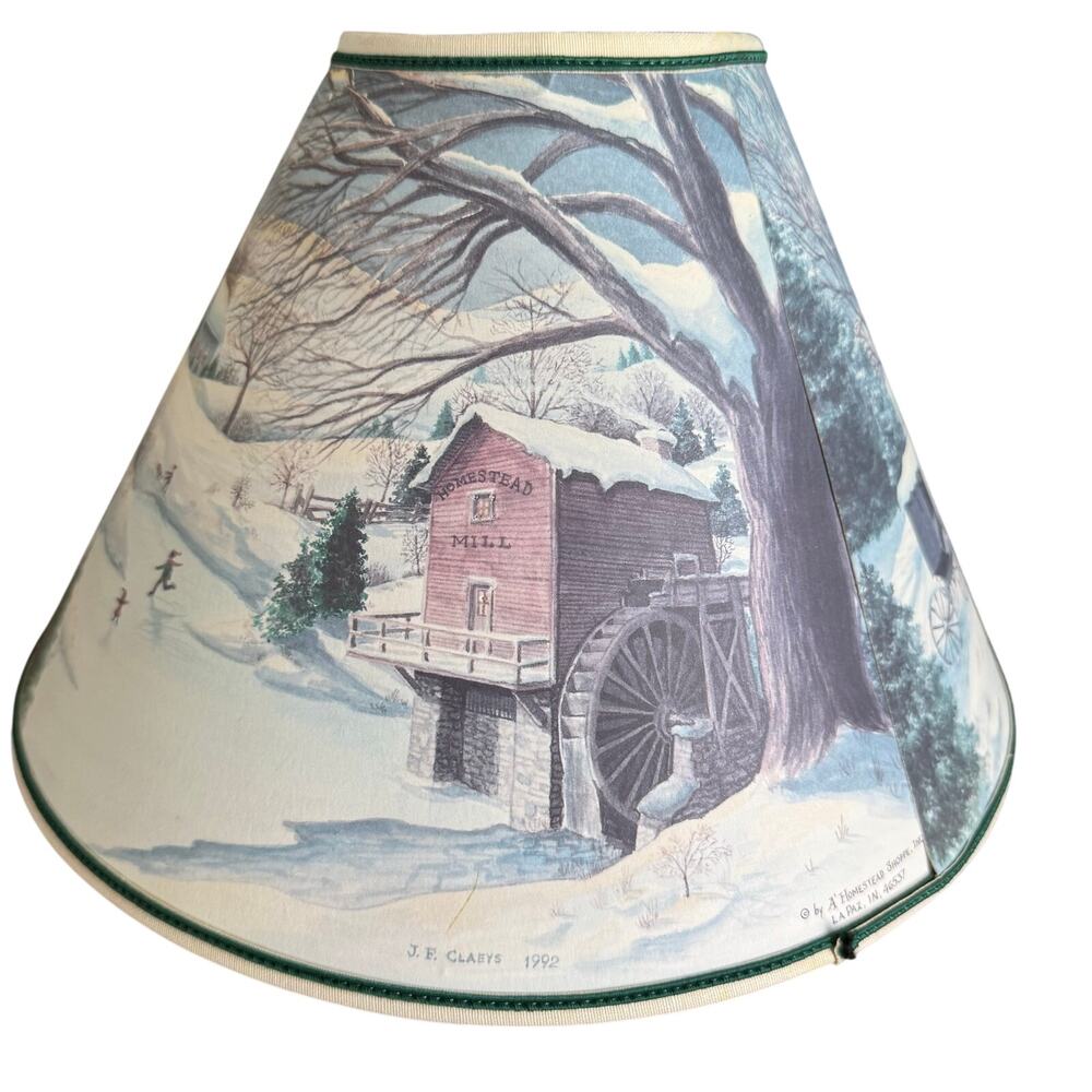 Vintage 1990s Paper Perforated Lampshade 7x12" Christmas Country Scene JF Claeys